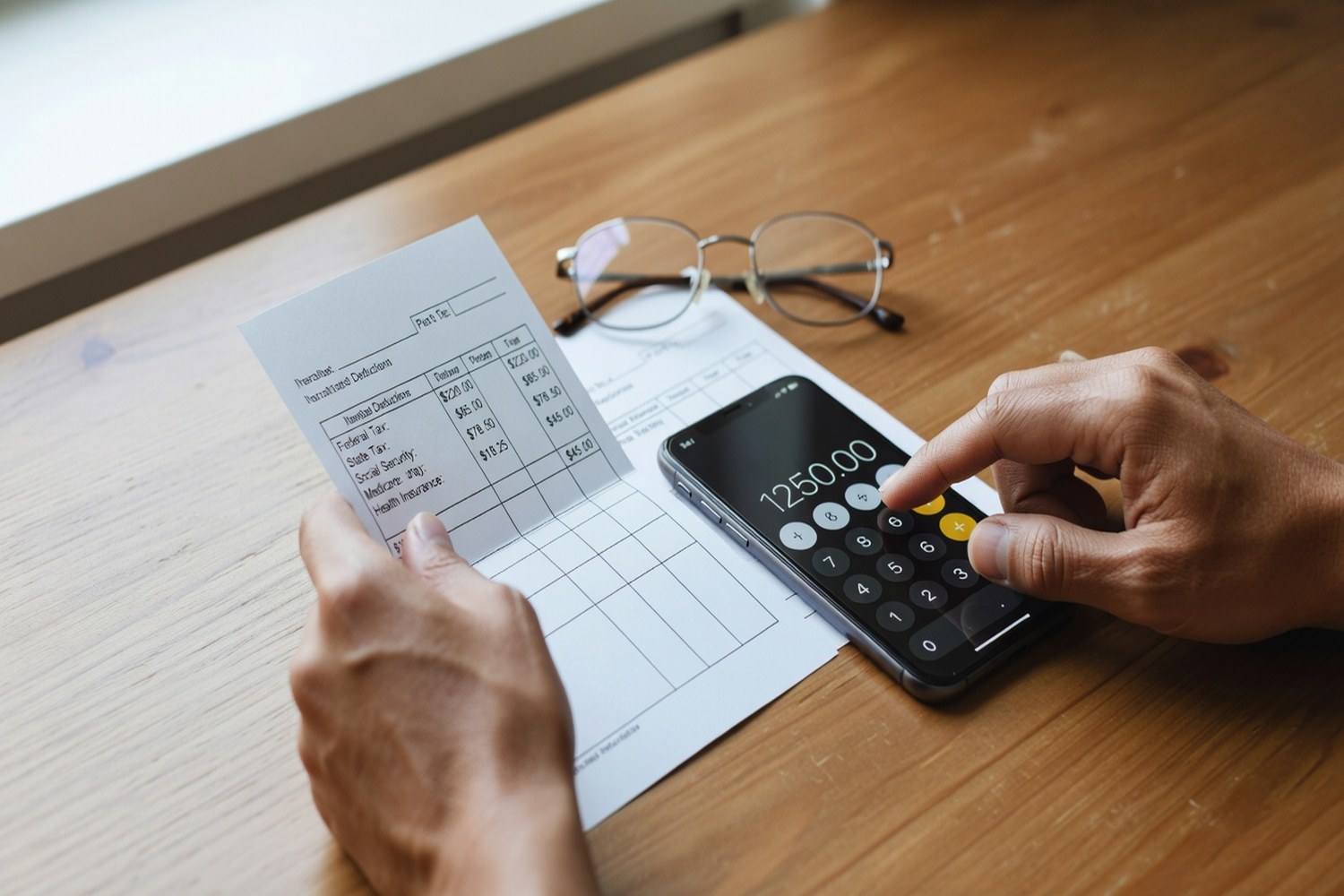 Hands calculating 2026 tax changes with paycheck stub showing new standard deduction amounts