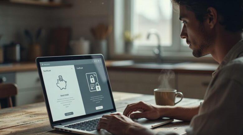 Person comparing high-yield savings account and CD options on a laptop for 2026 cash strategy