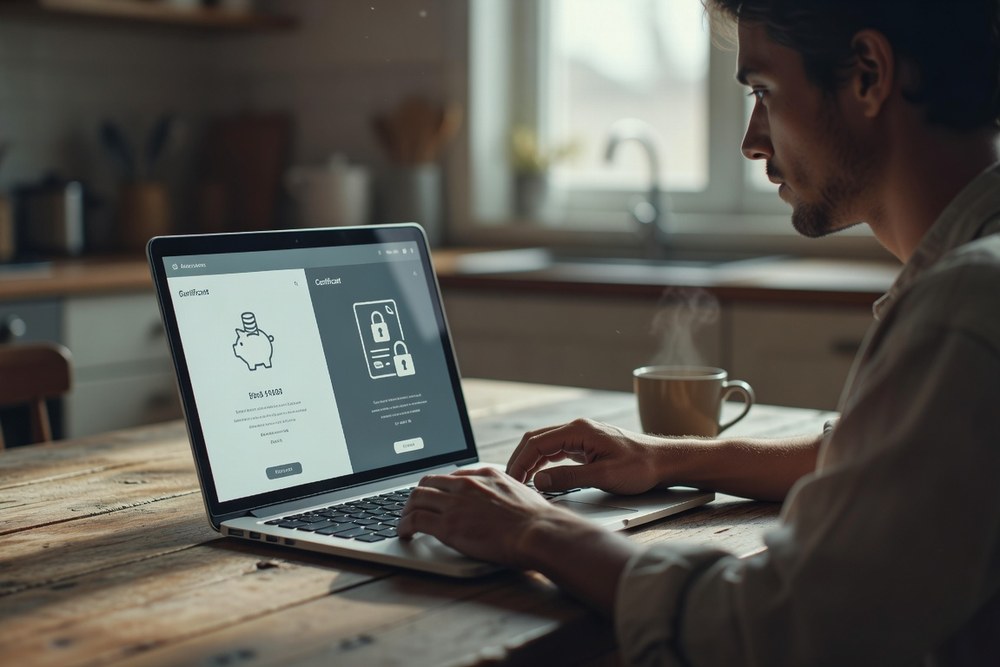 Person comparing high-yield savings account and CD options on a laptop for 2026 cash strategy